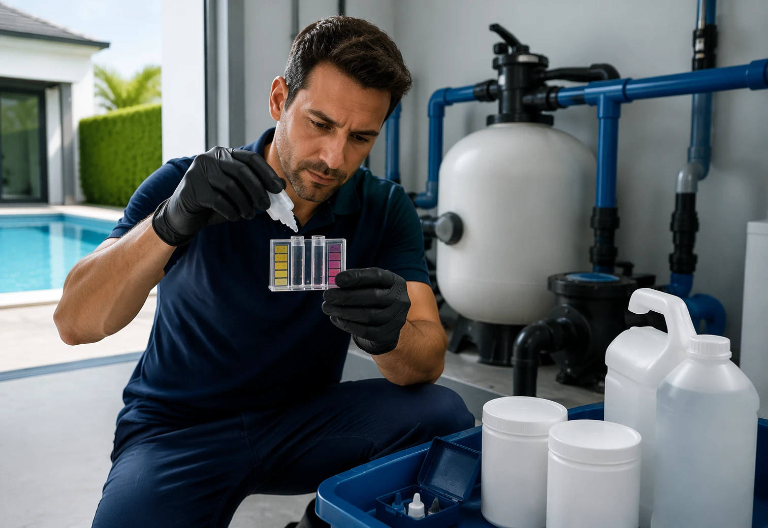 Técnico midiendo pH en cuarto de alberca